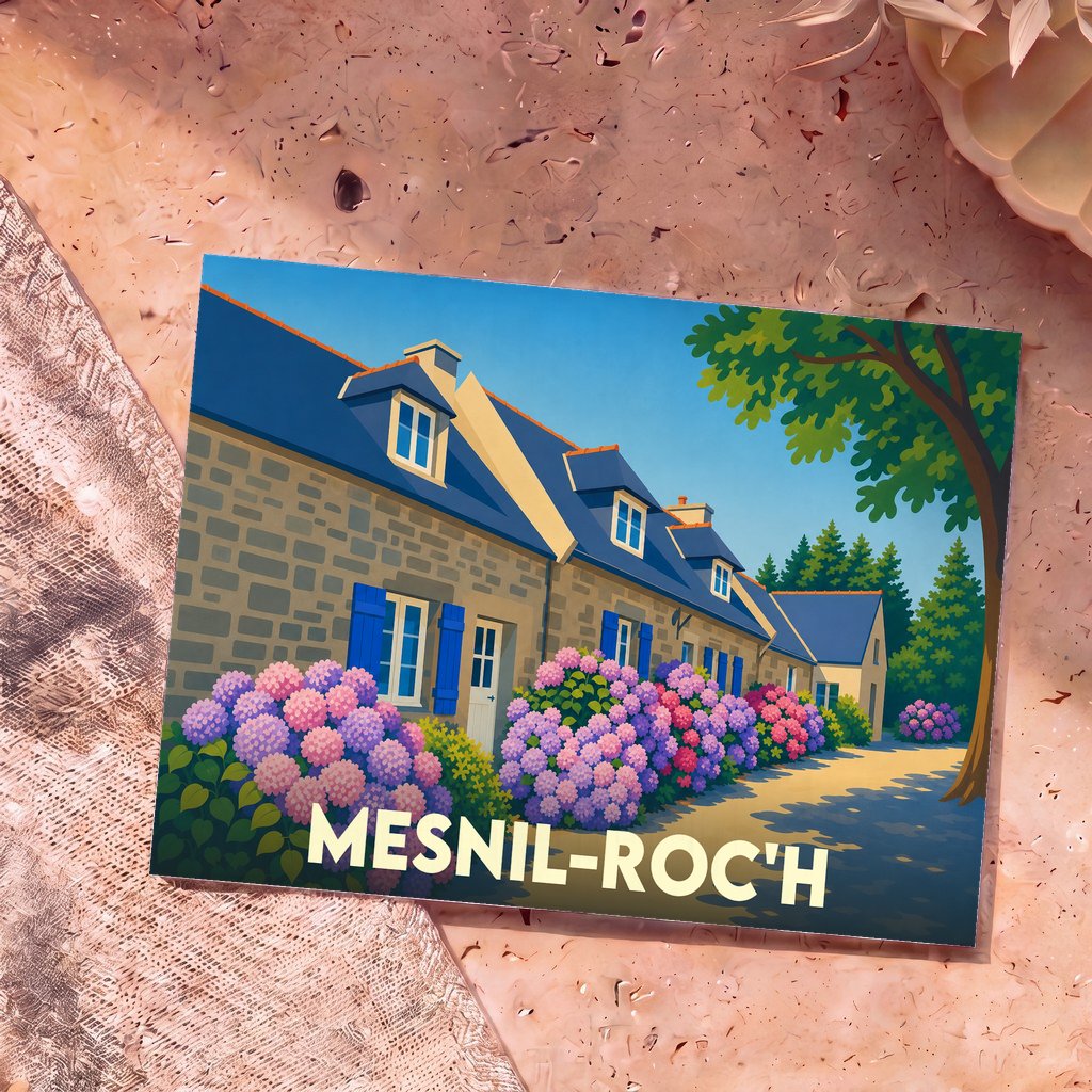 Carte postale souvenir de la ville de Mesnil-Roc'h illustrée de maisons en pierre et d'hortensias.