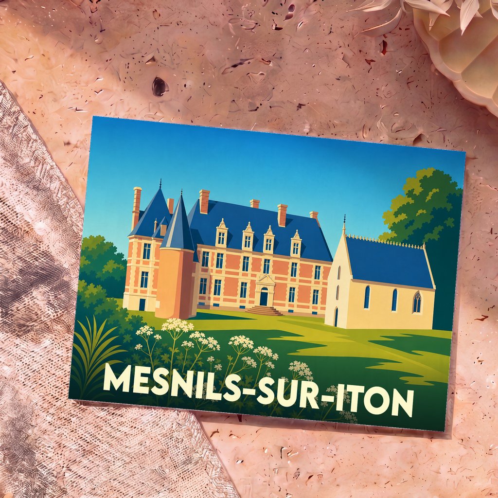 Carte postale souvenir de la ville de Mesnils-sur-Iton avec une illustration stylisée de son patrimoine.