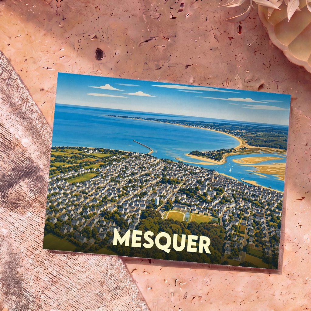 Carte postale souvenir de la ville de Mesquer avec une illustration stylisée vue du ciel.