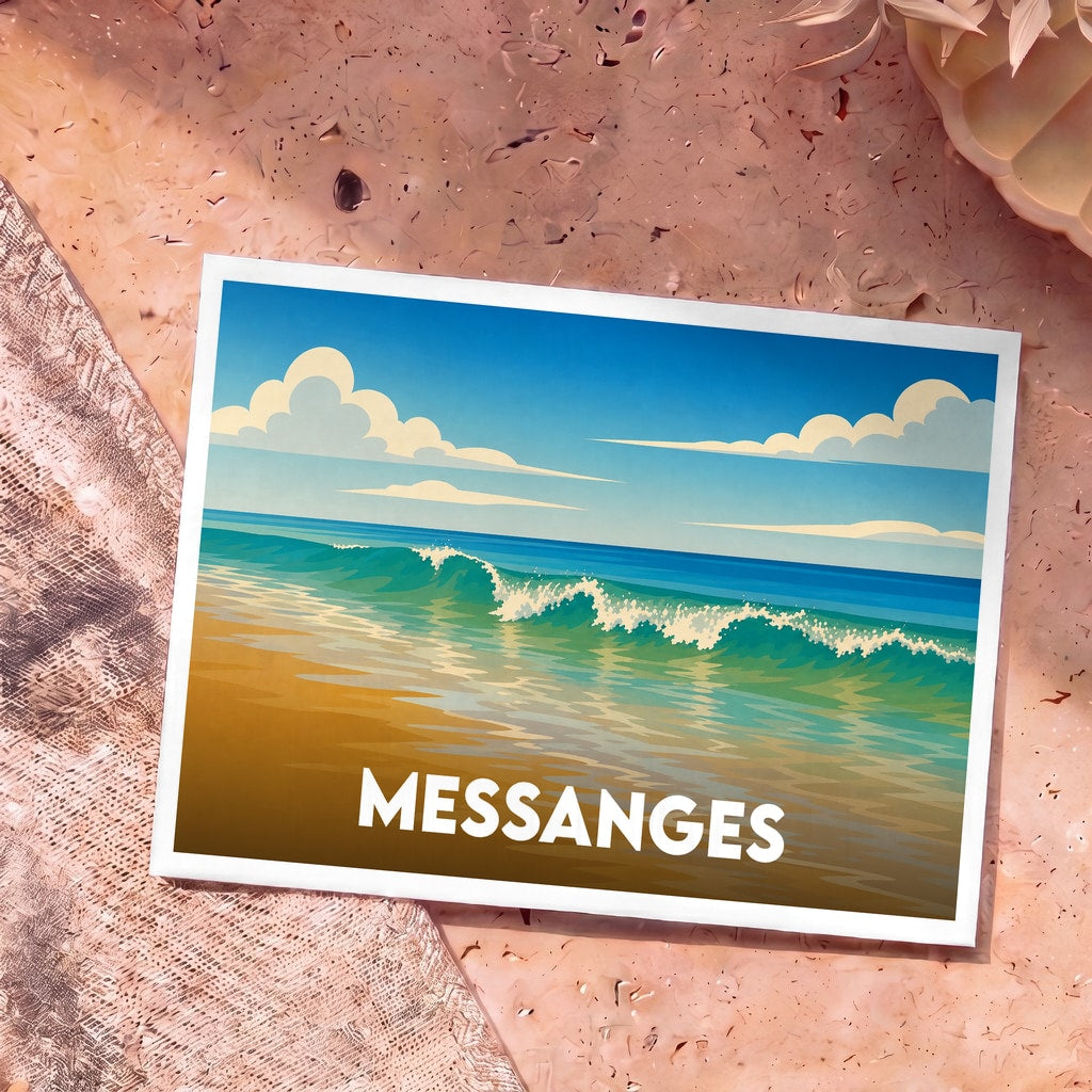 Carte postale souvenir de la ville de Messanges avec une illustration stylisée d'une plage landaise.