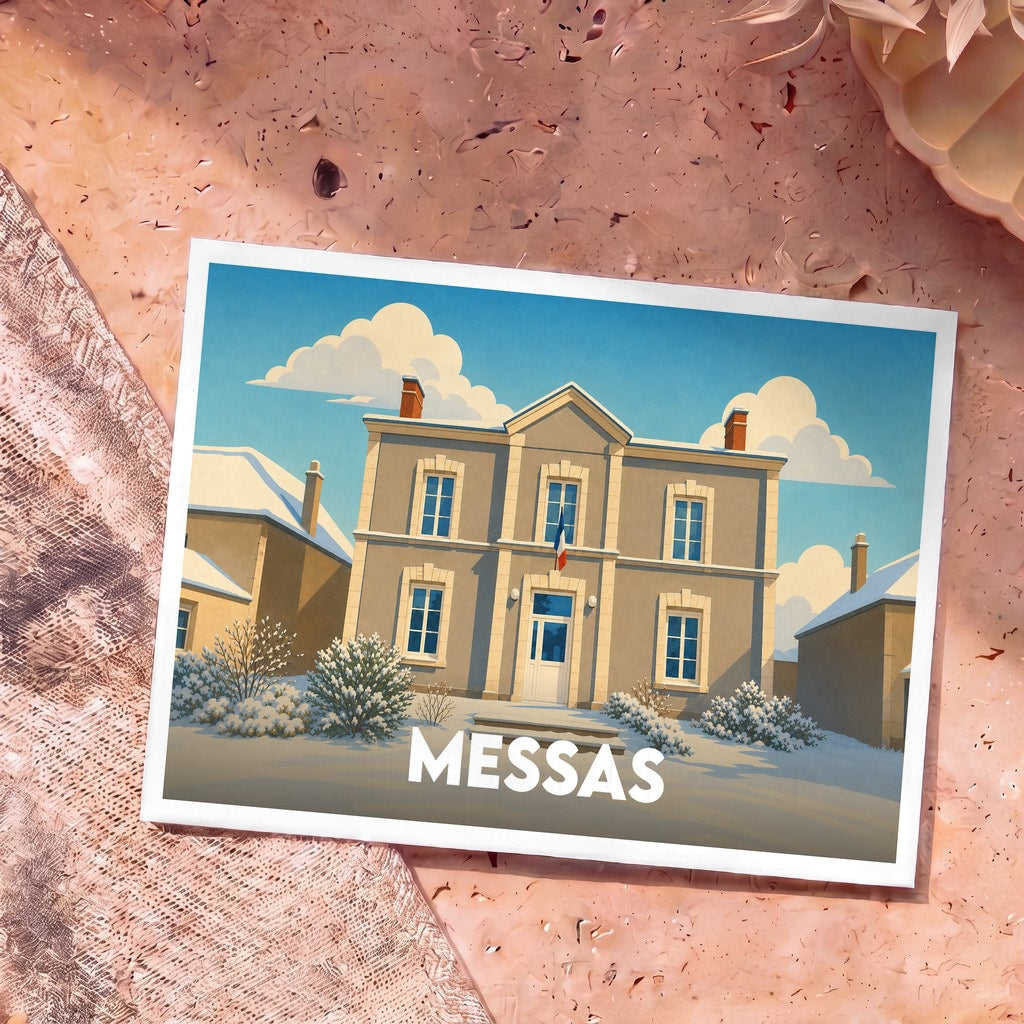 Carte postale souvenir de la ville de Messas avec une illustration stylisée d'un bâtiment enneigé.