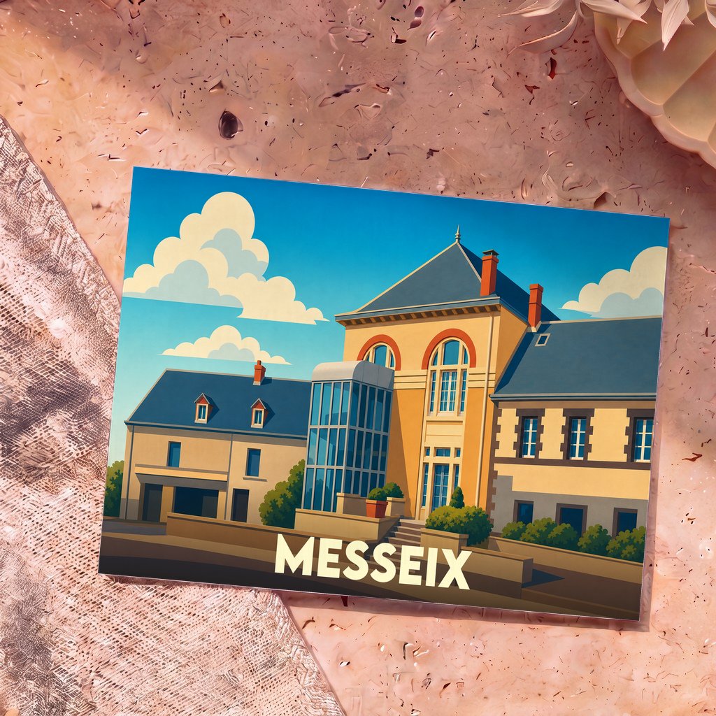 Carte postale souvenir de la ville de Messeix avec une illustration stylisée de son architecture locale.