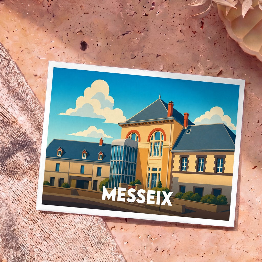 Carte postale souvenir de la ville de Messeix avec une illustration stylisée de son architecture locale.