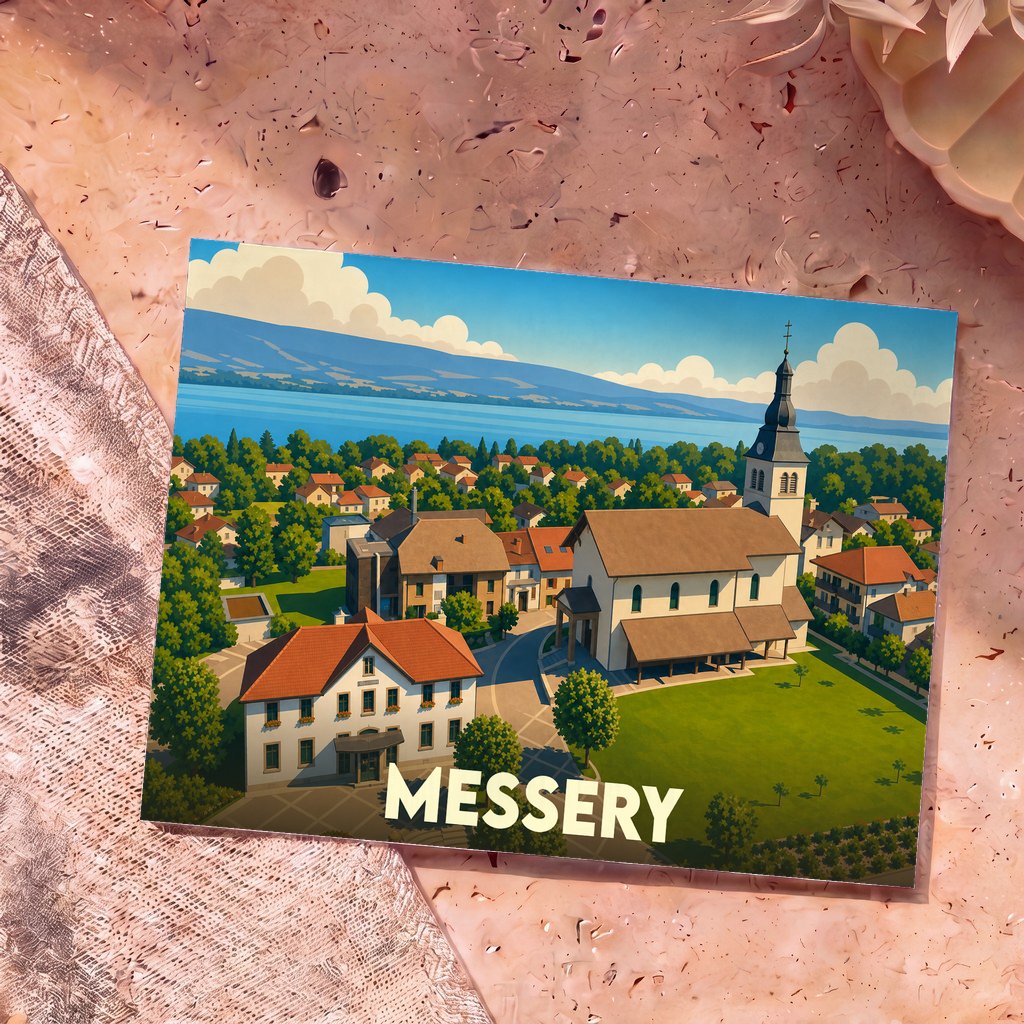 Carte postale souvenir de la ville de Messery avec une illustration colorée de son église et du lac Léman.