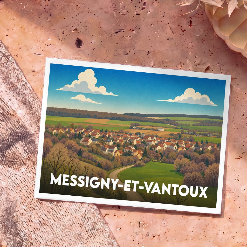 Carte postale souvenir de la ville de Messigny-et-Vantoux avec une illustration stylisée de son paysage rural.