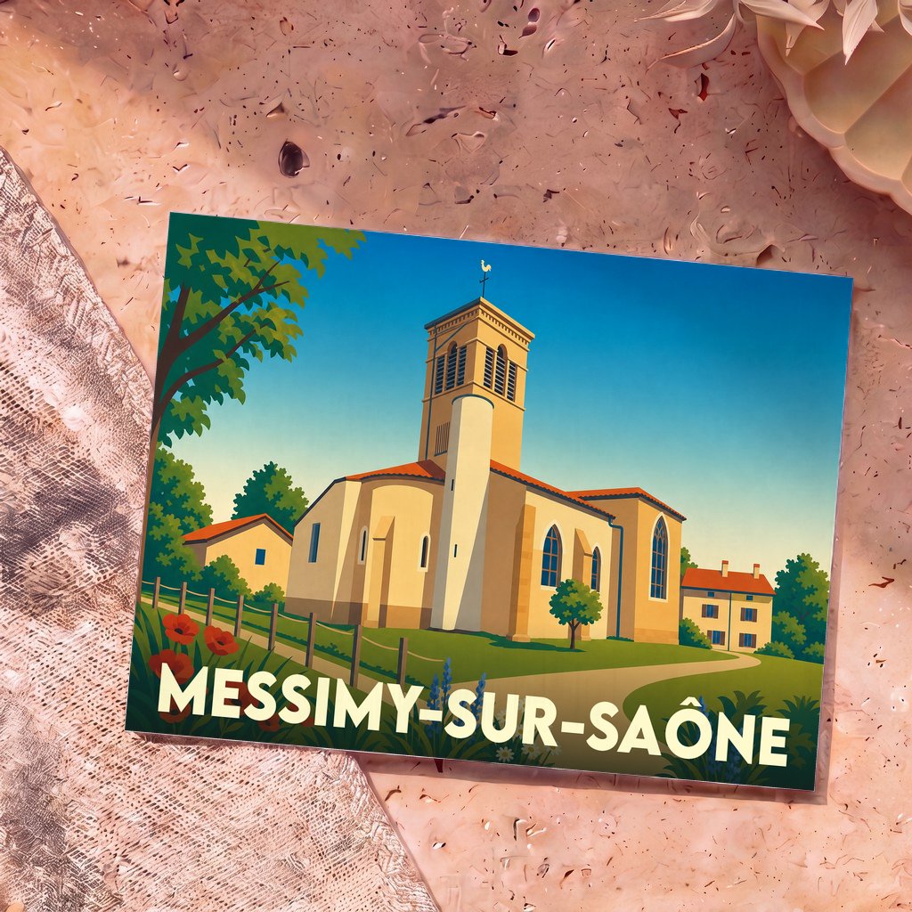 Carte postale souvenir de la ville de Messimy-sur-Saône avec une illustration stylisée de son église sous un ciel bleu.
