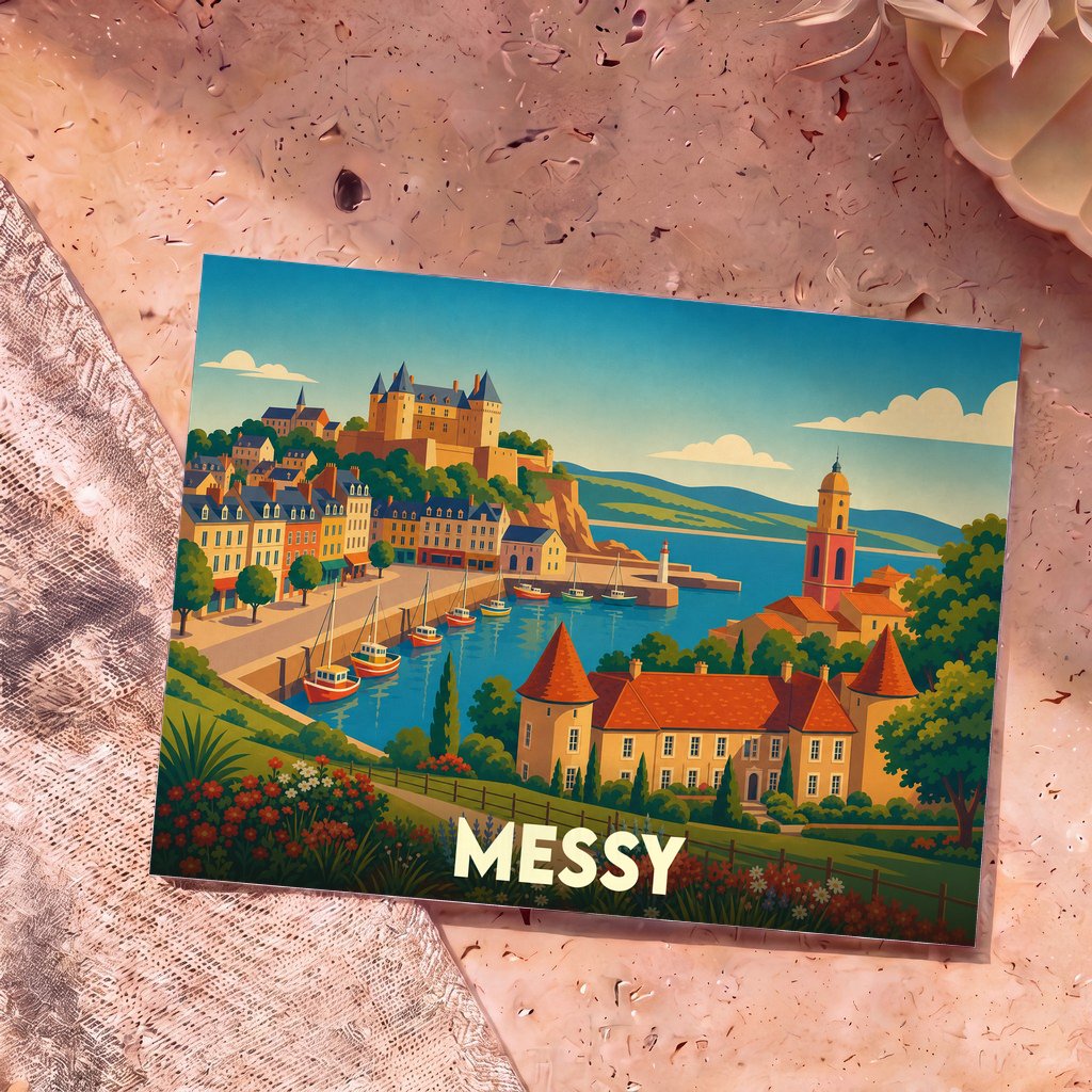 Carte postale souvenir de la ville de Messy avec une illustration stylisée d'un port méditerranéen.
