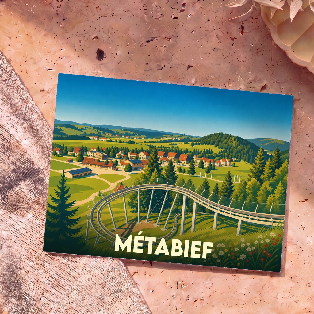 Carte postale souvenir de la ville de Métabief illustrant une piste de luge d'été dans un paysage de montagne verdoyant.