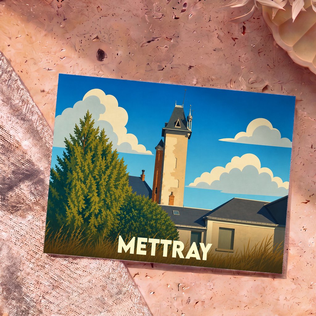 Carte postale souvenir de la ville de Mettray avec une illustration stylisée d'un clocher et d'un grand arbre.