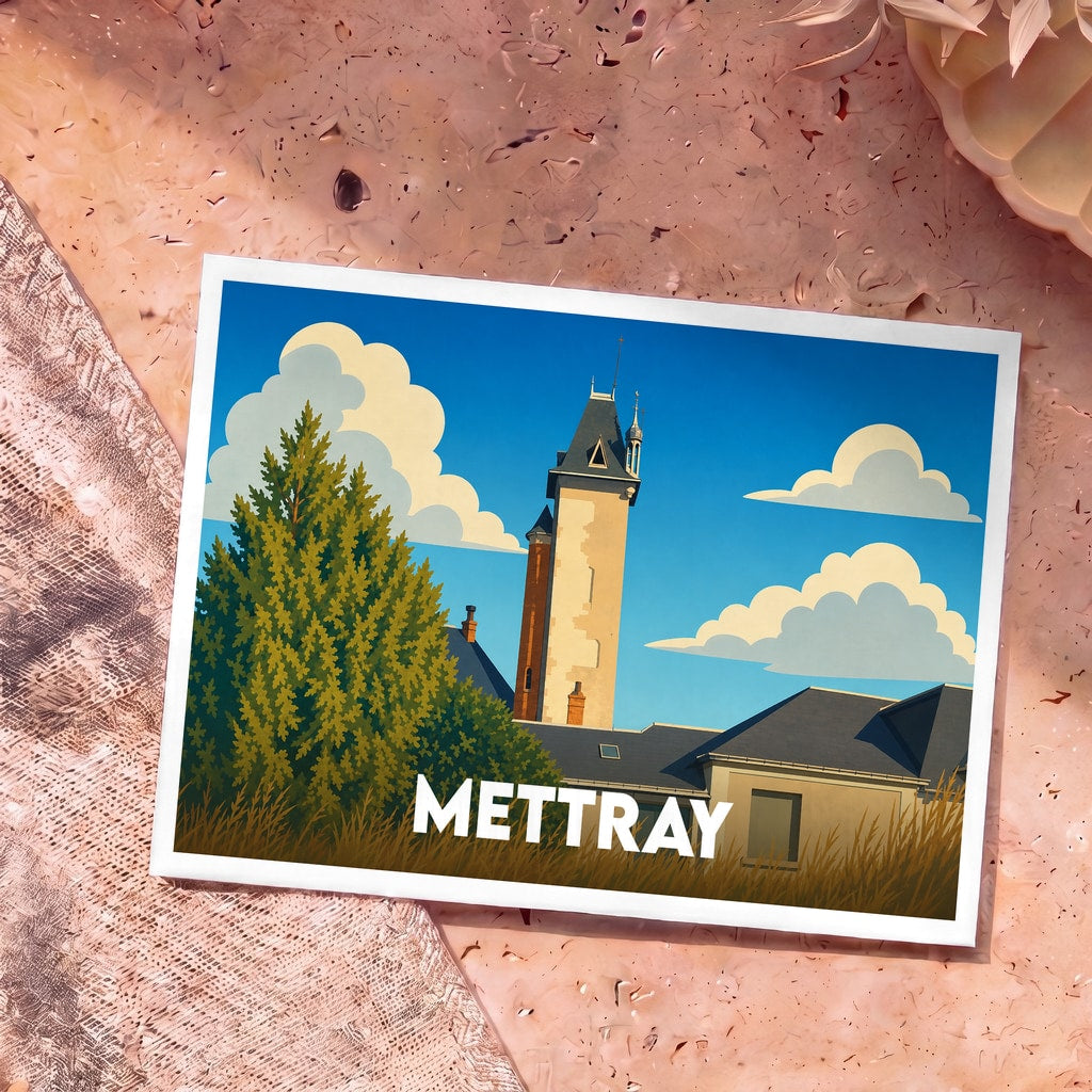 Carte postale souvenir de la ville de Mettray avec une illustration stylisée d'un clocher et d'un grand arbre.