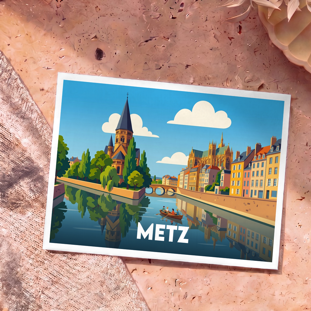 Carte postale souvenir de la ville de Metz avec une illustration stylisée des monuments en bord de Moselle.