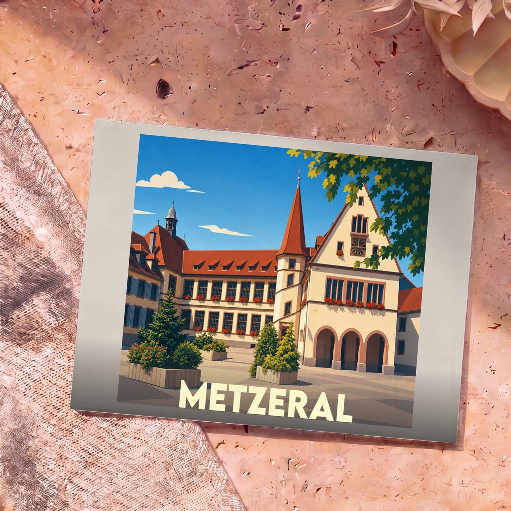 Carte postale souvenir de la ville de Metzeral avec une illustration stylisée de son architecture traditionnelle.