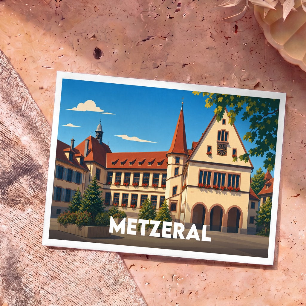 Carte postale souvenir de la ville de Metzeral avec une illustration stylisée de son architecture traditionnelle.