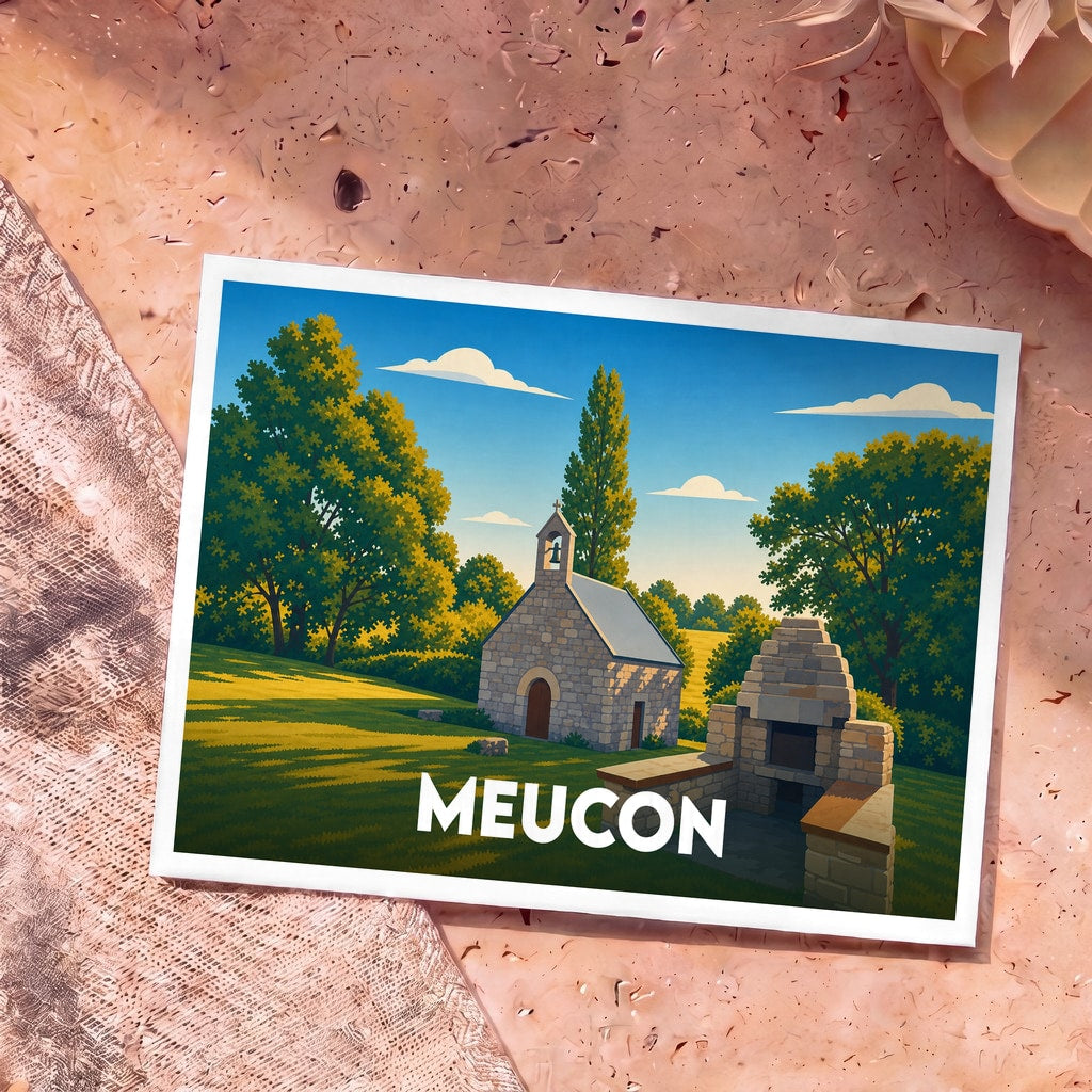 Carte postale souvenir de la ville de Meucon avec une illustration stylisée d'une petite chapelle en pierre et d'un four à pain traditionnel.