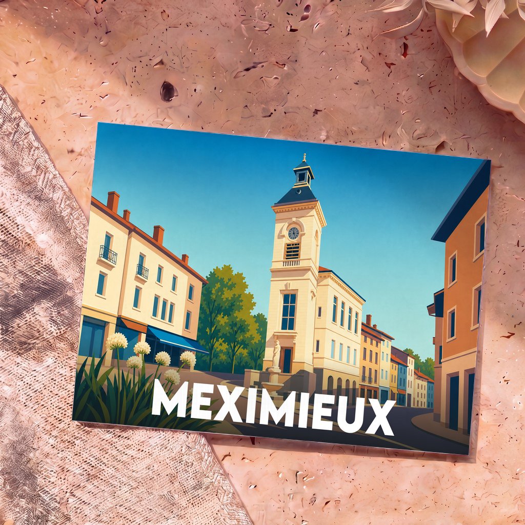 Carte postale souvenir de la ville de Meximieux avec une illustration stylisée de son architecture emblématique.
