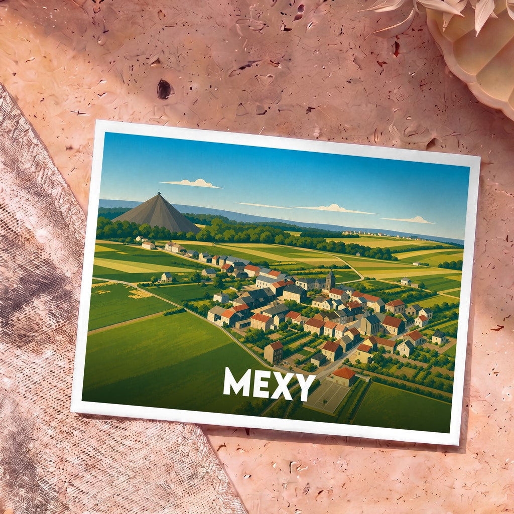 Carte postale souvenir de la ville de Mexy avec une illustration stylisée d'un paysage urbain et rural.