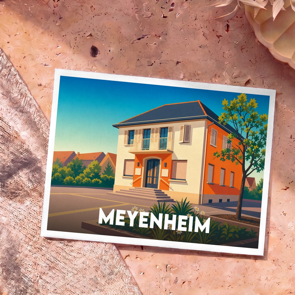 Carte postale souvenir de la ville de Meyenheim avec une illustration stylisée de sa mairie.