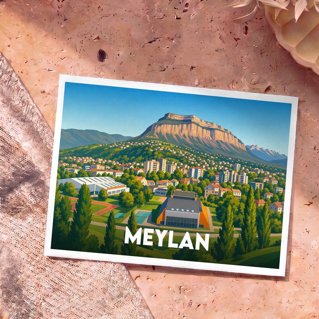 Carte postale souvenir de la ville de Meylan avec une illustration stylisée.