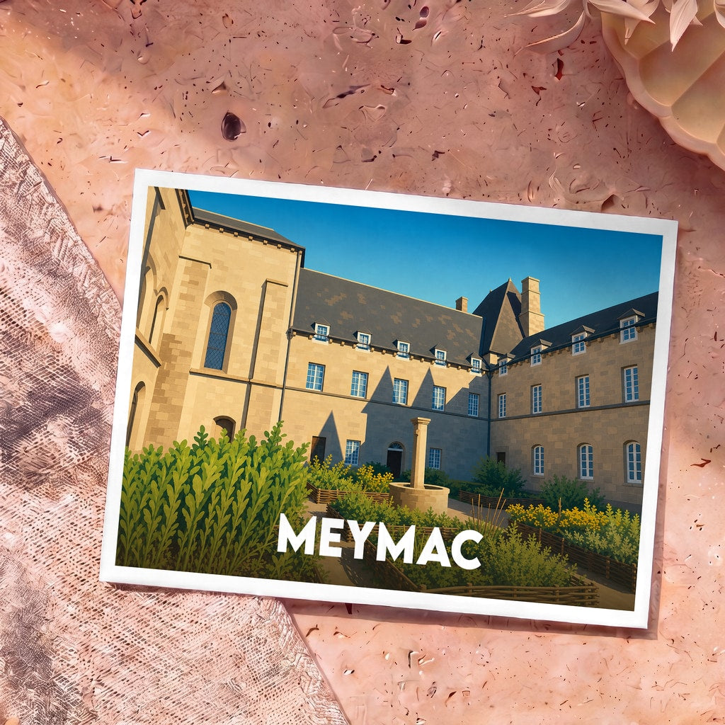 Carte postale souvenir de la ville de Meymac avec une illustration stylisée de son abbaye et de ses jardins.