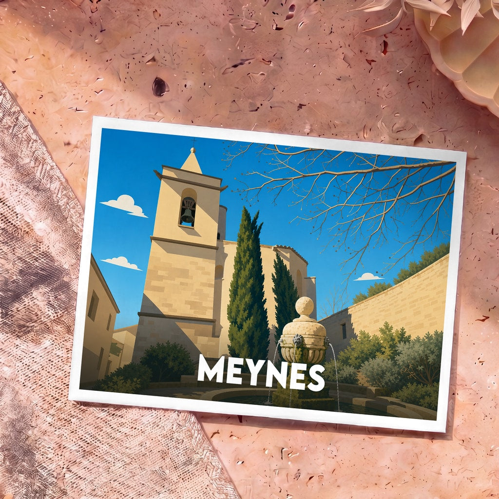 Carte postale souvenir de la ville de Meynes avec une illustration stylisée d'une place provençale.