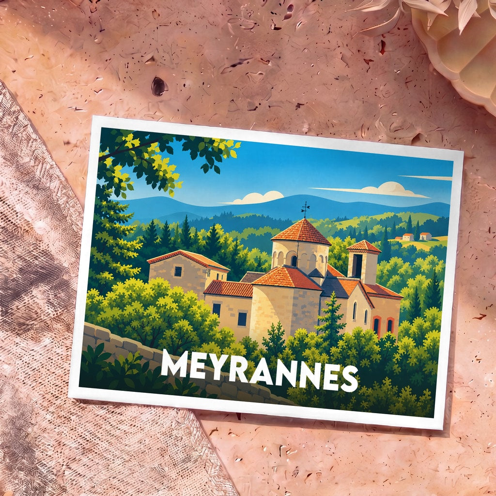 Carte postale souvenir de la ville de Meyrannes avec une illustration stylisée d'un village provençal niché dans la verdure.