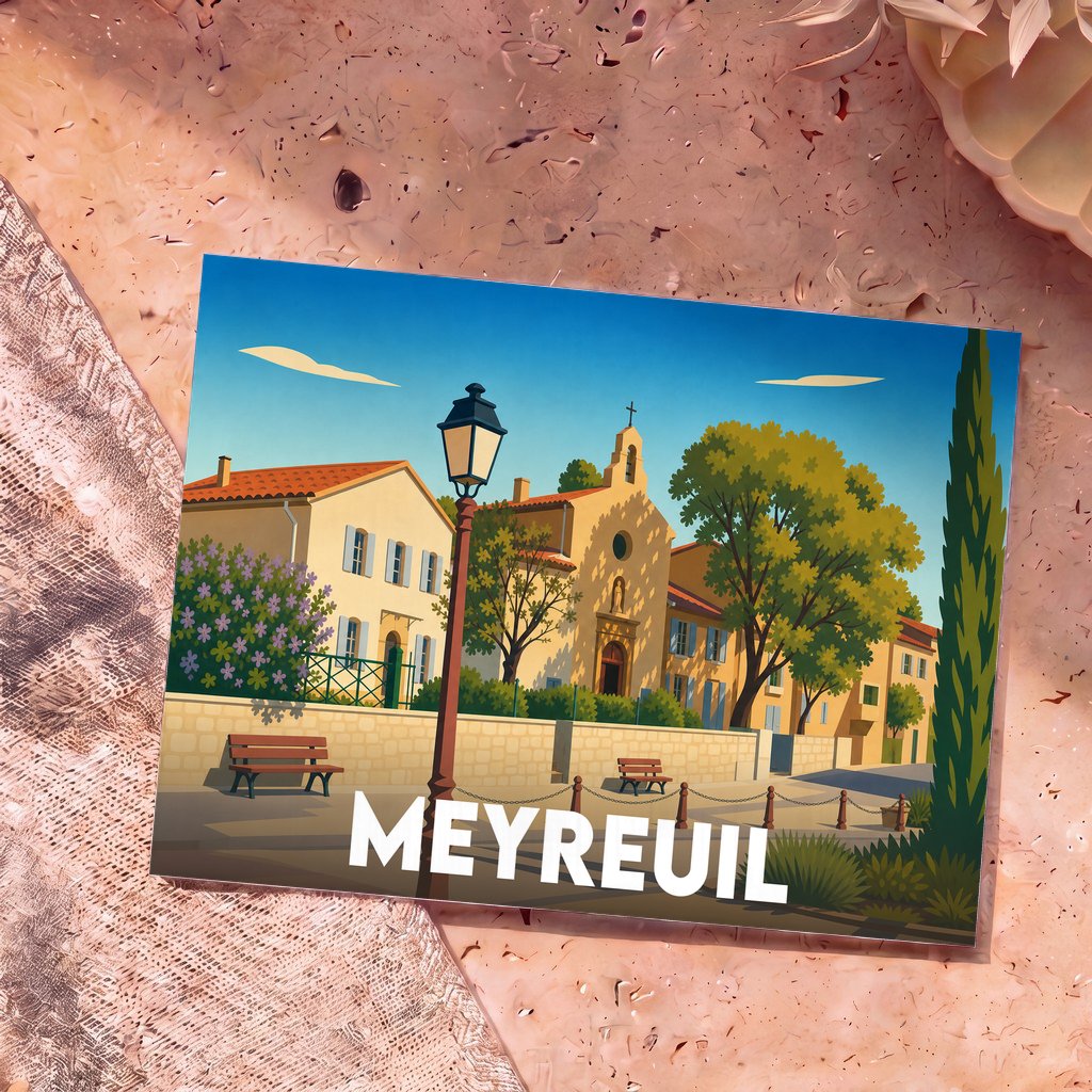 Carte postale souvenir de la ville de Meyreuil avec une illustration stylisée de son église et de ses maisons provençales.