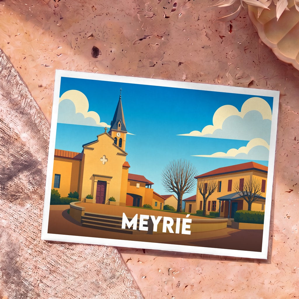 Carte postale souvenir de la ville de Meyrié avec une illustration stylisée de son église et de sa place.