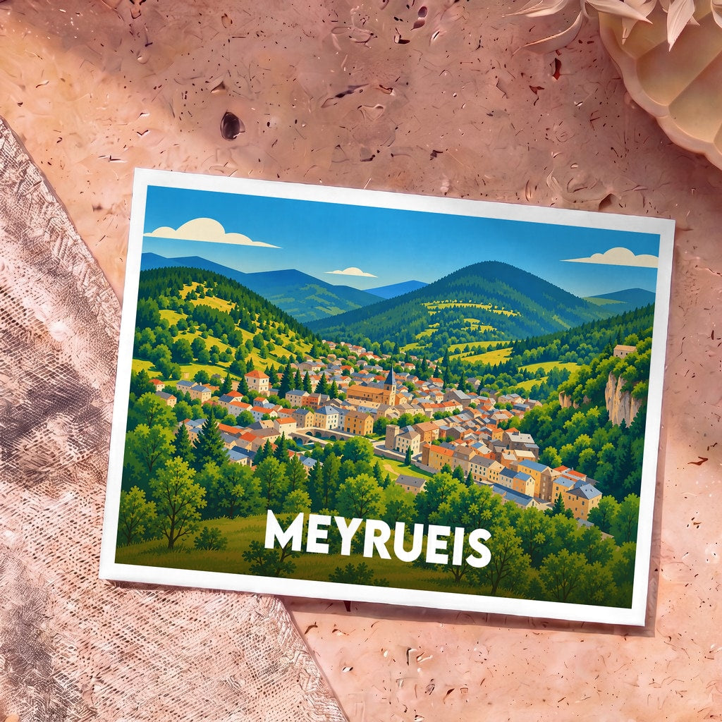 Carte postale souvenir de la ville de Meyrueis avec une illustration stylisée et colorée de la commune nichée dans les montagnes.