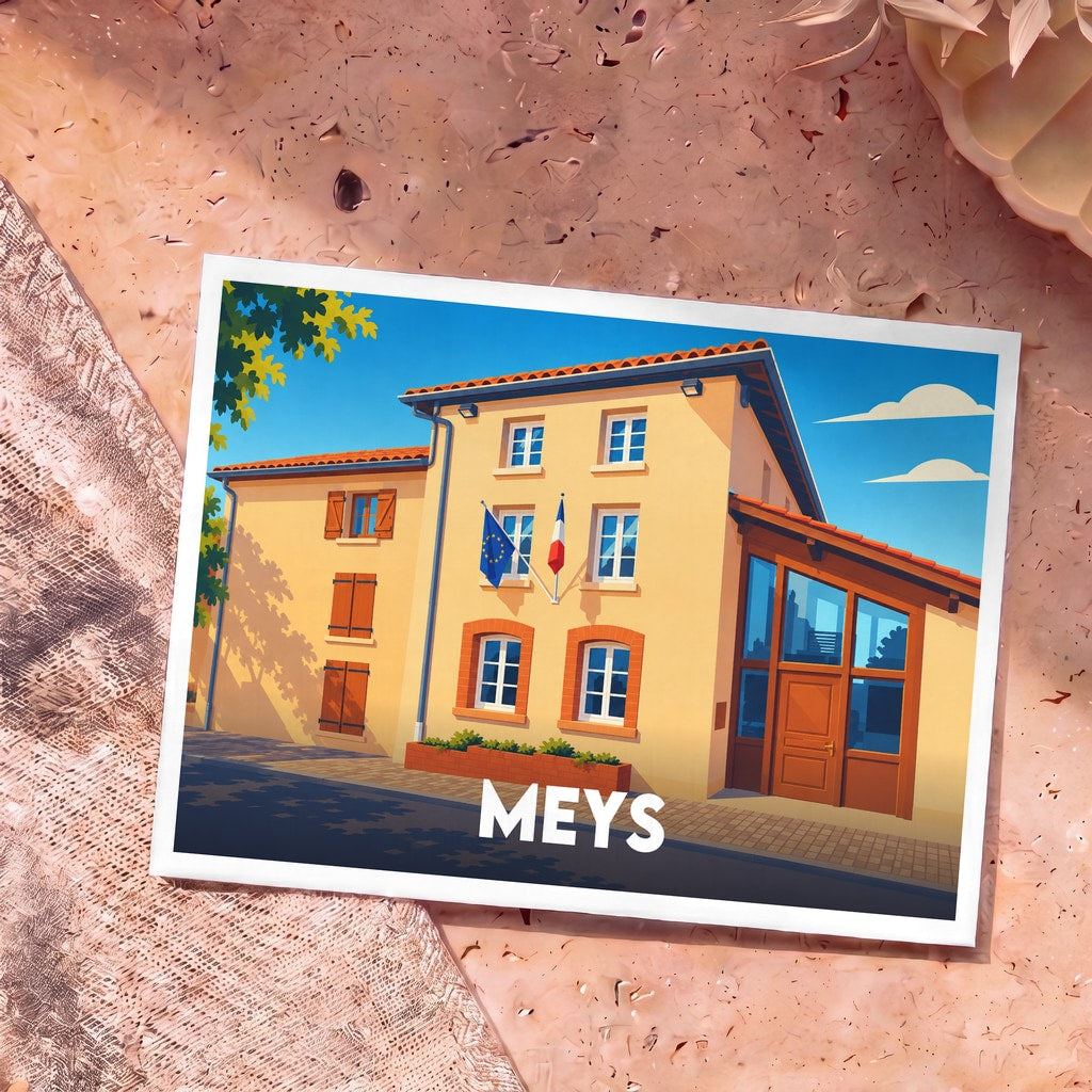 Carte postale souvenir de la ville de Meys illustrant sa mairie avec un graphisme coloré et stylisé.