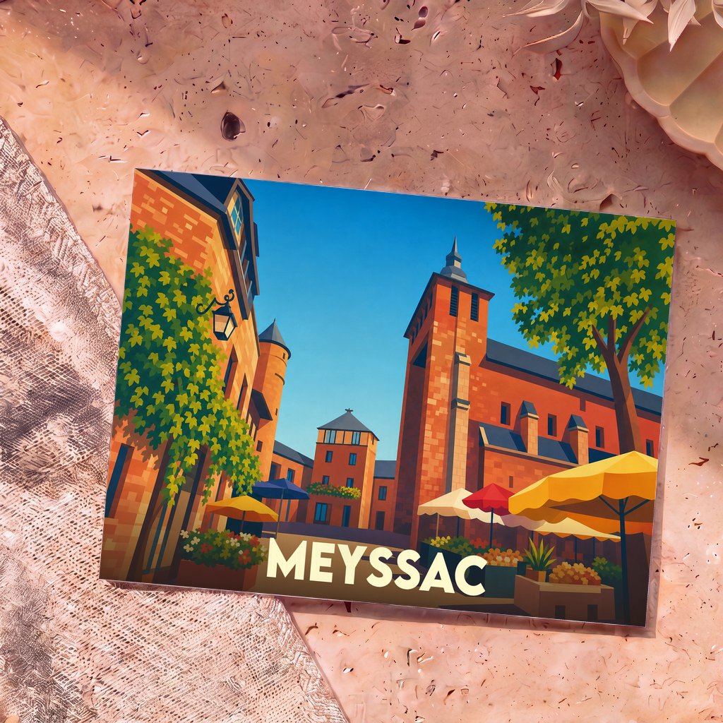 Carte postale souvenir de la ville de Meyssac avec une illustration stylisée montrant ses bâtiments typiques en grès rouge.