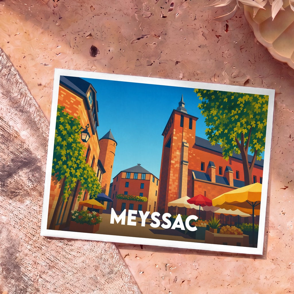 Carte postale souvenir de la ville de Meyssac avec une illustration stylisée montrant ses bâtiments typiques en grès rouge.