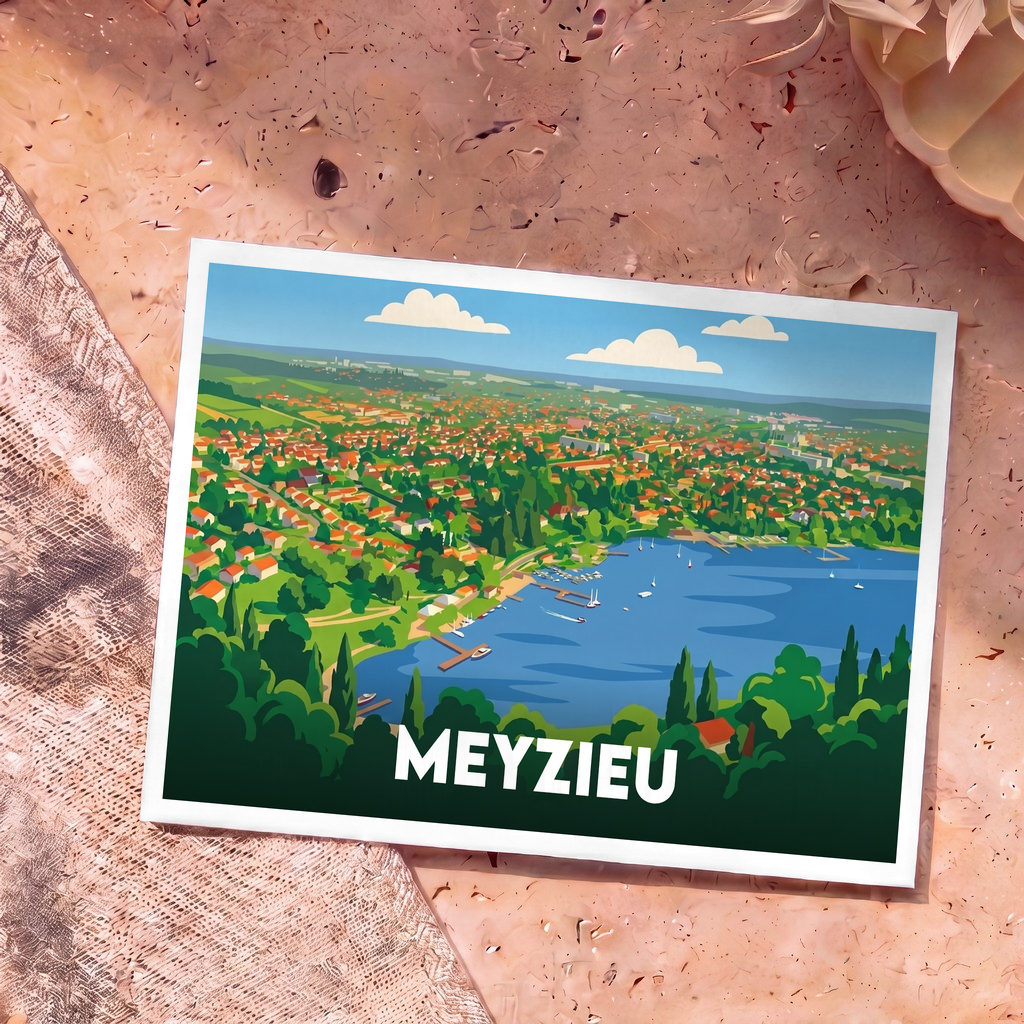 Carte postale souvenir de la ville de Meyzieu avec une illustration stylisée vue du ciel.