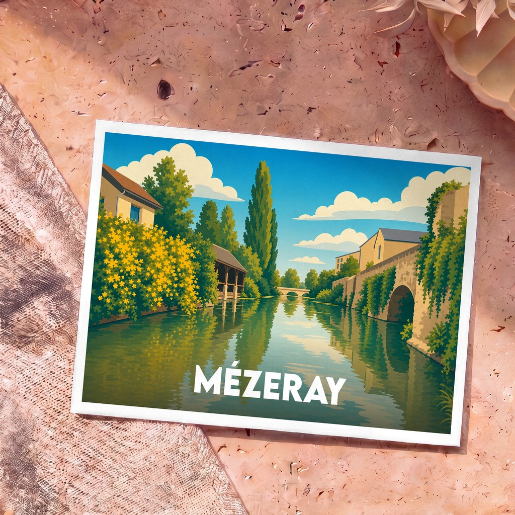Carte postale souvenir de la ville de Mézeray avec une illustration stylisée d'un canal paisible bordé de verdure.