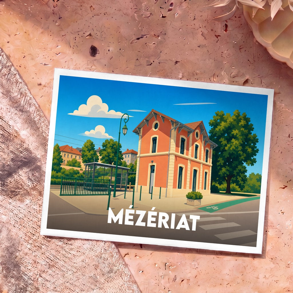 Carte postale souvenir de la ville de Mézériat avec une illustration stylisée de sa gare.