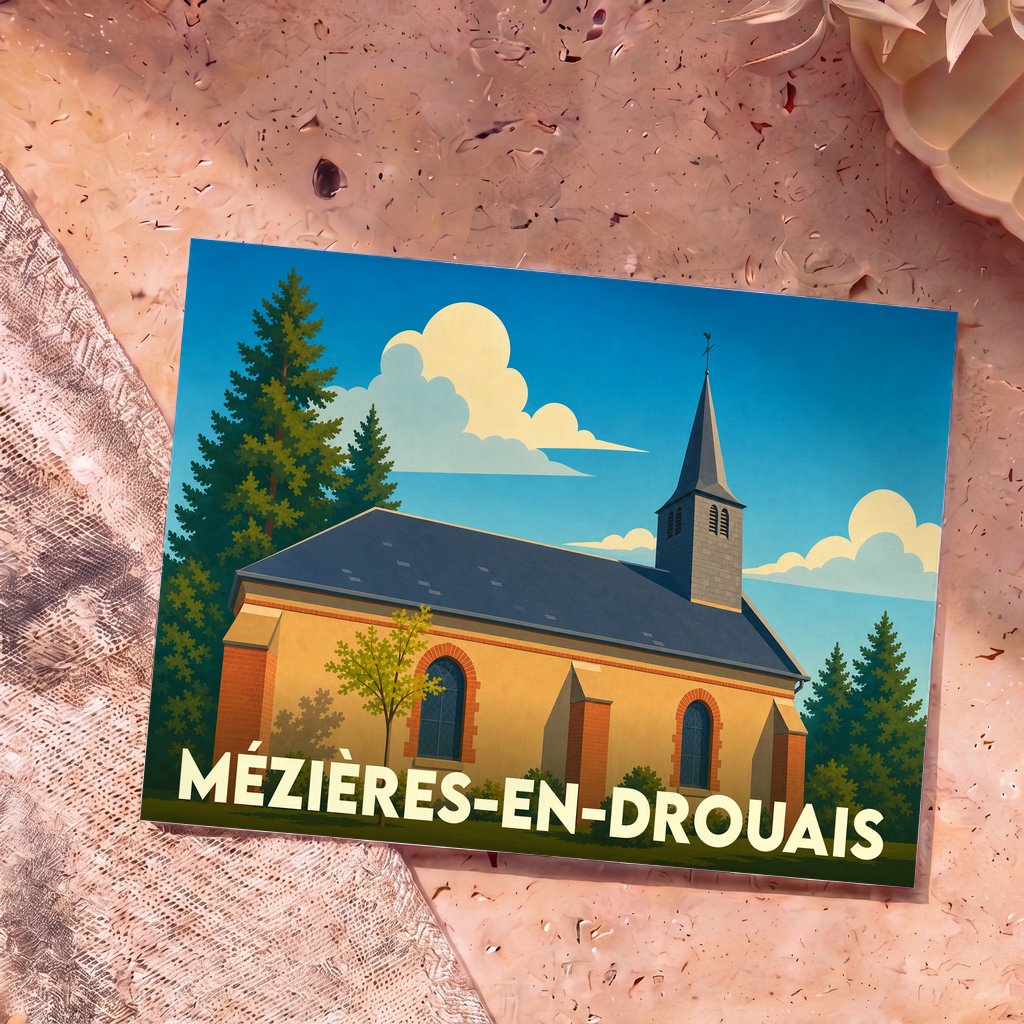 Carte postale souvenir de la ville de Mézières-en-Drouais avec une illustration stylisée de son église.
