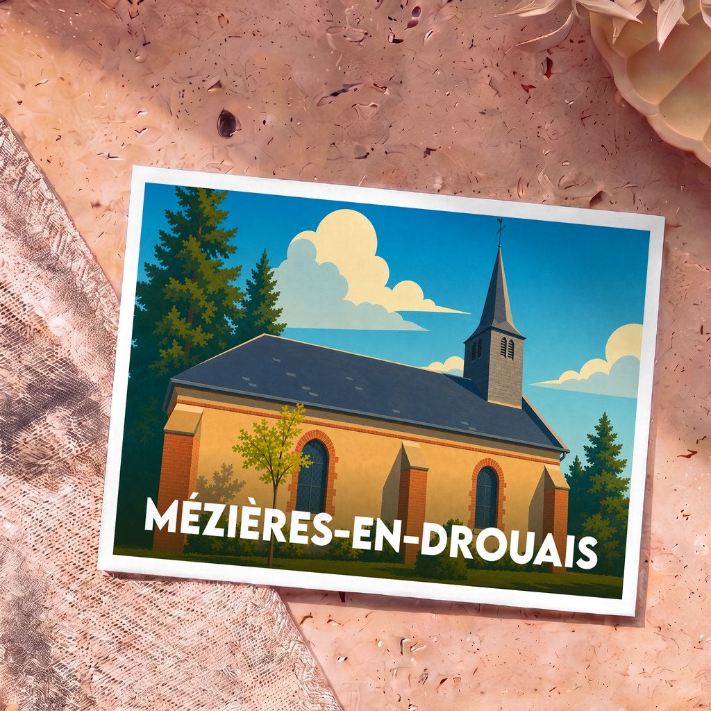 Carte postale souvenir de la ville de Mézières-en-Drouais avec une illustration stylisée de son église.
