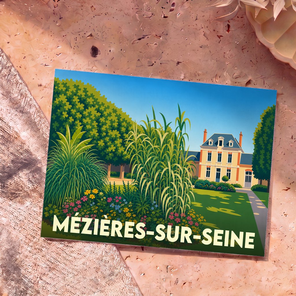 Carte postale souvenir de la ville de Mézières-sur-Seine avec une illustration stylisée de son patrimoine.
