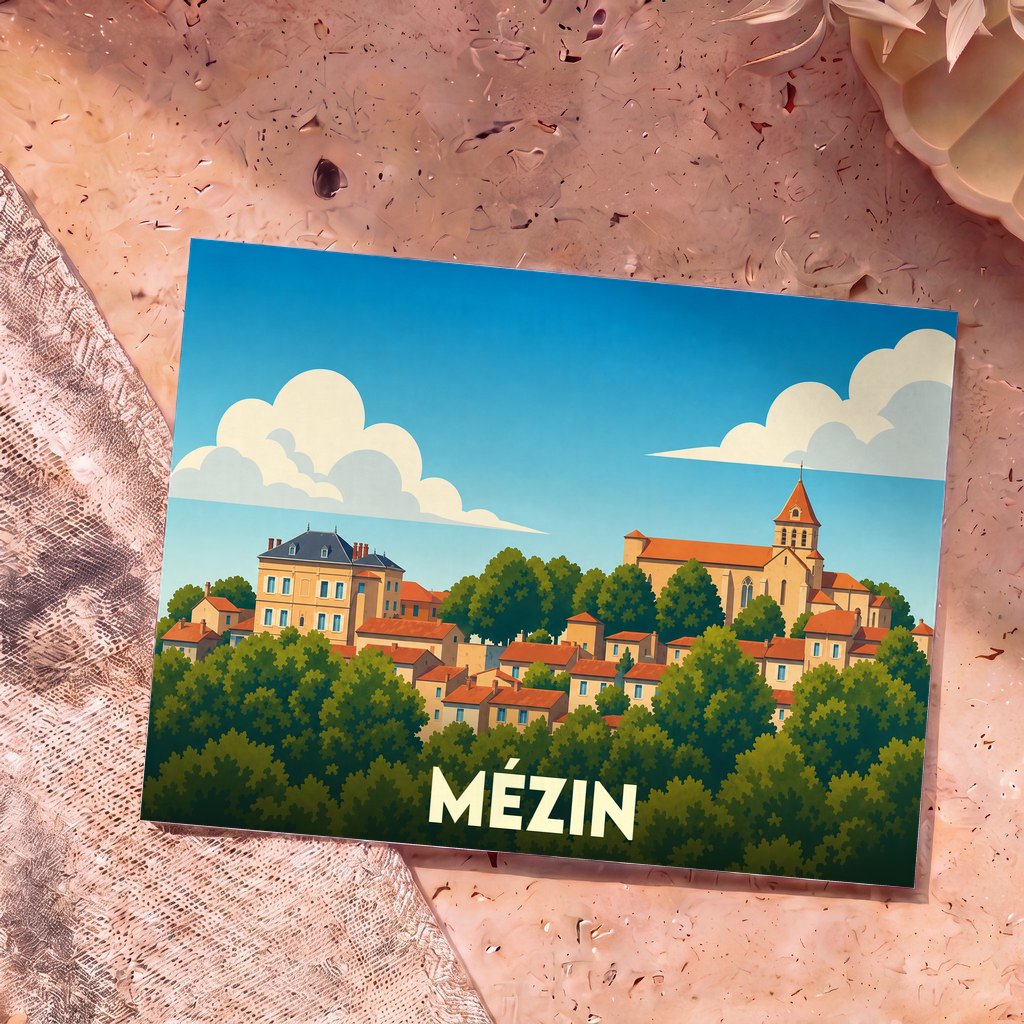 Carte postale souvenir de la ville de Mézin avec une illustration stylisée et colorée du village.