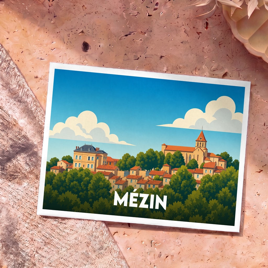 Carte postale souvenir de la ville de Mézin avec une illustration stylisée et colorée du village.