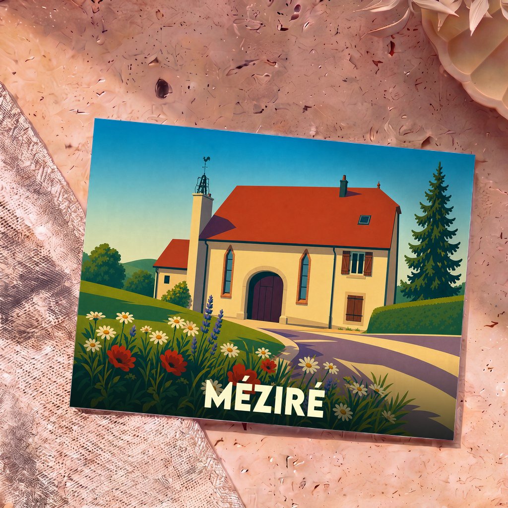 Carte postale souvenir de la ville de Méziré avec une illustration stylisée d'un bâtiment traditionnel.