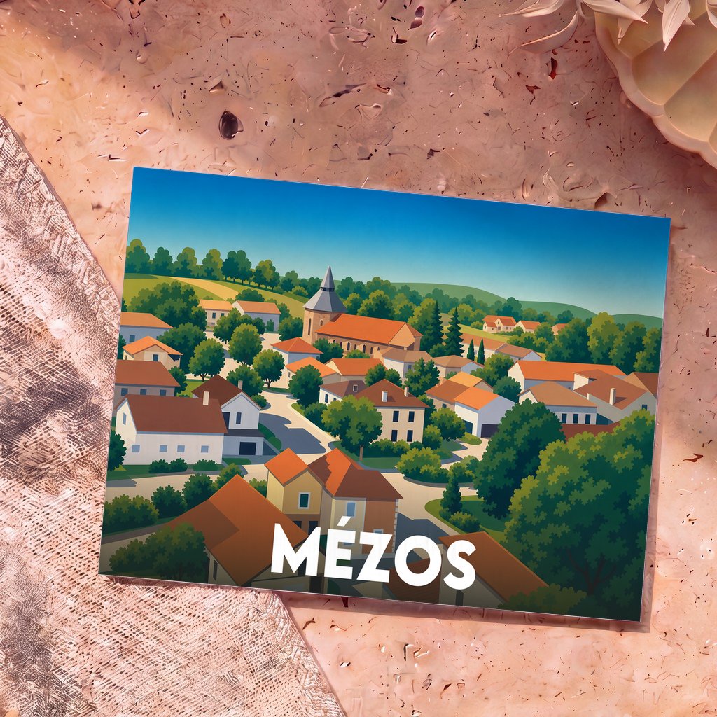 Carte postale souvenir de la ville de Mézos avec une illustration stylisée.
