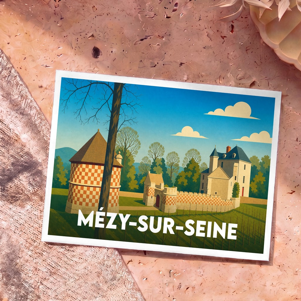 Carte postale souvenir de la ville de Mézy-sur-Seine avec une illustration stylisée de ses monuments historiques.
