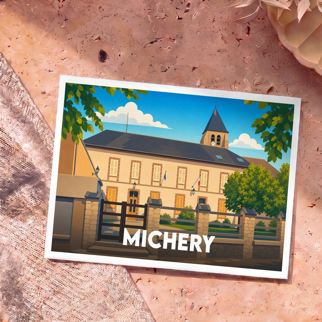 Carte postale souvenir de la ville de Michery avec une illustration stylisée de sa mairie.