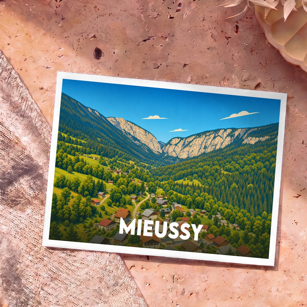 Carte postale souvenir de la ville de Mieussy avec une illustration stylisée d'un village de montagne niché dans une vallée verdoyante.