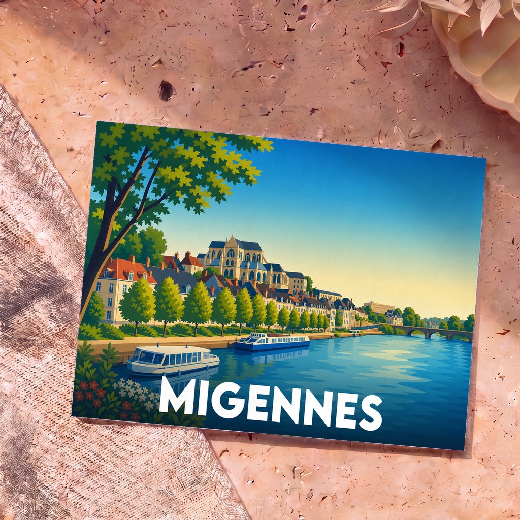 Carte postale souvenir de la ville de Migennes avec une illustration stylisée d'un paysage fluvial urbain.