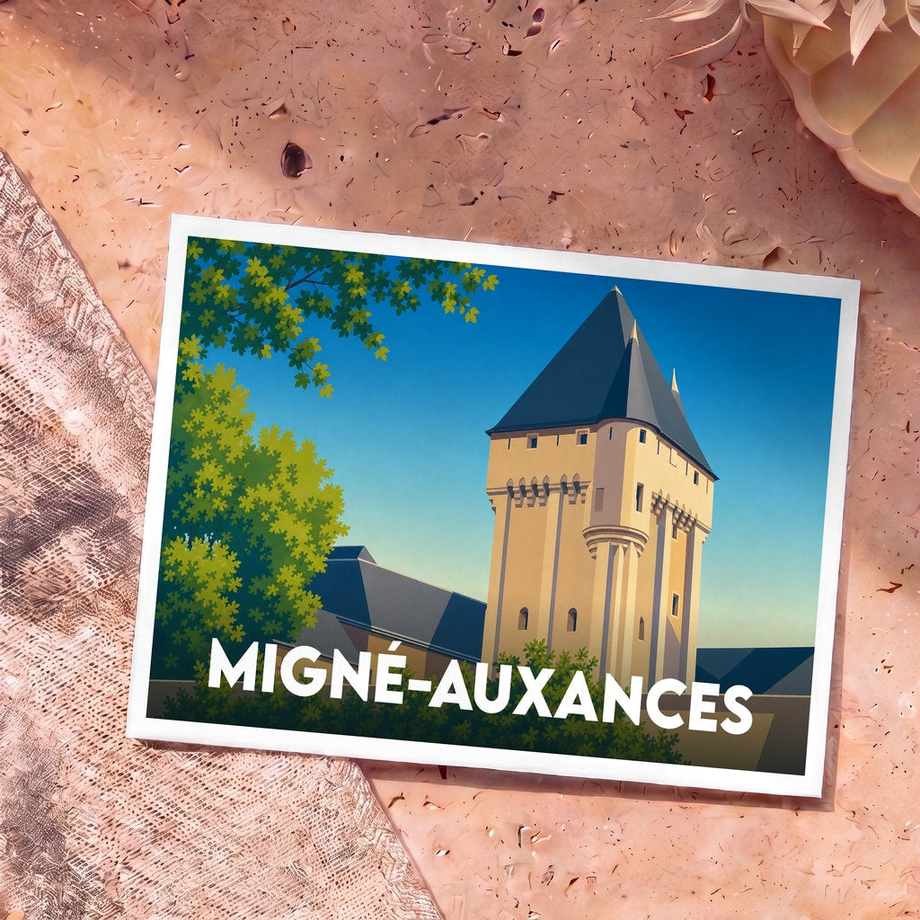 Carte postale souvenir de la ville de Migné-Auxances avec une illustration stylisée de son donjon.