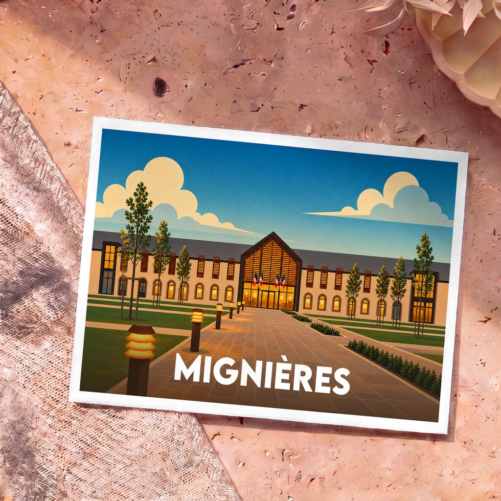 Carte postale souvenir de la ville de Mignières avec une illustration stylisée de sa mairie.