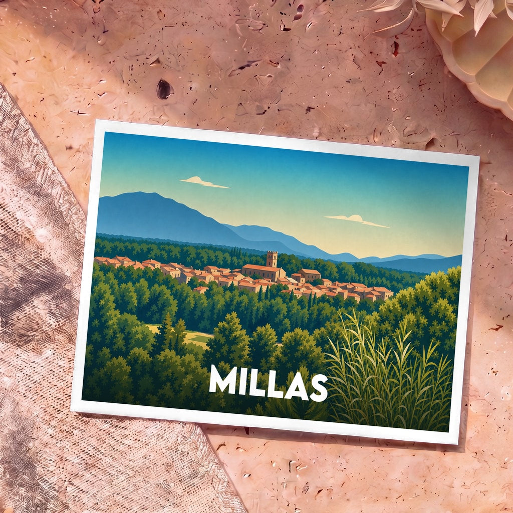 Carte postale souvenir de la ville de Millas avec une illustration stylisée de ses toits et de son clocher nichés dans la verdure.