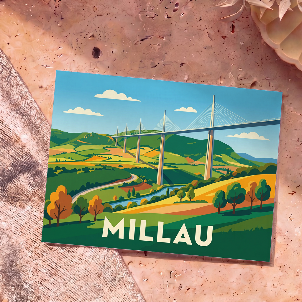Carte postale souvenir de la ville de Millau illustrant son célèbre viaduc dans un style graphique coloré.