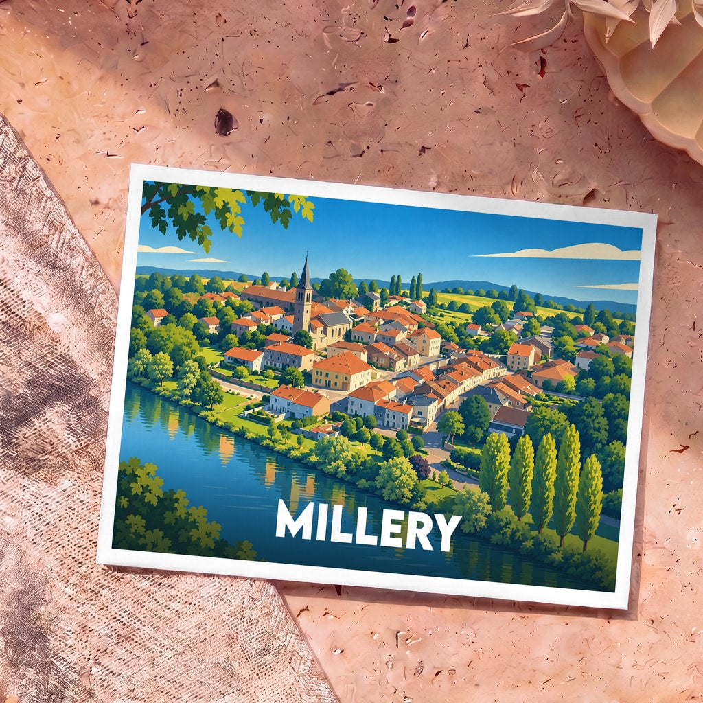 Carte postale souvenir de la ville de Millery illustrée par un paysage panoramique coloré en bord de rivière.